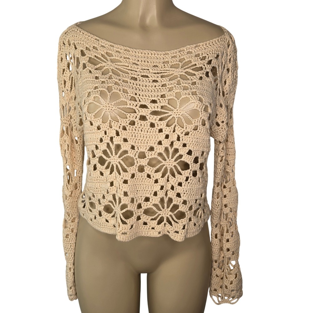 SHEIN Sweater Women L Beige Crochet Floral Open Knit Boho Long Sleeve Top